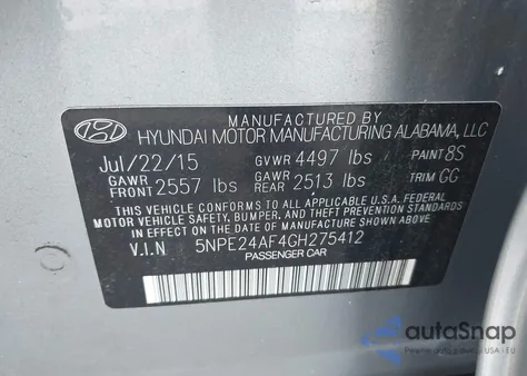 2016 Hyundai Sonata Se from USA, damaged, VIN 5NPE24AF4GH275412